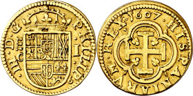 1607. Felipe III. Segovia. C. 1 escudo. (AC. 1015). PHILIP9. Bonito color. Escasa. 3,23 g. MBC+.