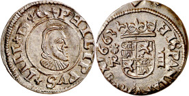 1663. Felipe IV. Coruña. R. 8 maravedís. (AC. 319). Punto delante de la pata del león de la derecha. Atractiva. Ex Colección de Cobres, Áureo 22/10/20...
