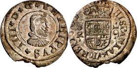 1663. Felipe IV. La Coruña. R. 16 maravedís. (AC. 453). Ligeramente descentrada. Conserva parte del plateado original. Ex Áureo 29/09/1998, nº 1311. 4...