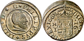 1663. Felipe IV. Madrid. Y. 16 maravedís. (AC. 477). Reverso ligeramente descentrado. Ex Áureo 08/05/2001, nº 4662. 4,70 g. EBC.