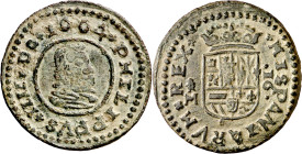 1664. Felipe IV. Trujillo. M. 16 maravedís. (AC. 507). Buen ejemplar. Ex Colección de Cobres, Áureo 22/10/2003, nº 766. Escasa y más así. 4,66 g. EBC-...