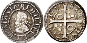 1636. Felipe IV. Barcelona. 1 croat. (AC. 661) (Cru.C.G. 4414d). Atractiva. Precioso color. Ex Áureo 01/03/2000, nº 1477. Escasa. 2,71 g. MBC+.