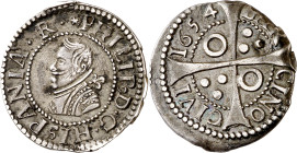 1654. Felipe IV. Barcelona. 1 croat. (AC. 668) (Cru.C.G. 4414n var). Rayitas en anverso. Precioso color. Ex Áureo 18/12/2001, nº 590. 2,82 g. EBC-.