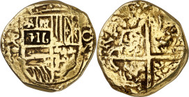 ¿Felipe IV?. Potosí. 8 reales. Acuñada en oro. Muy curiosa. 39,64 g. MBC.