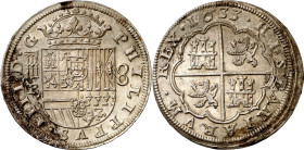 1633. Felipe IV. Segovia. R. 8 reales. (AC. 1603). Oxidaciones en pequeñas zonas. Parte de brillo original. Rara. 26,95 g. (MBC+).