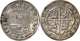 1636/5. Felipe IV. Segovia. R. 8 reales. (AC. 1609). Ligeras oxidaciones limpiadas. Parte de brillo original. Rara. 26,59 g. MBC+.