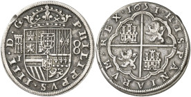 1651/31/30. Felipe IV. Segovia. I. 8 reales. (AC. 1613). Golpecito en canto. Pátina oscura. Rara. 27,06 g. MBC.