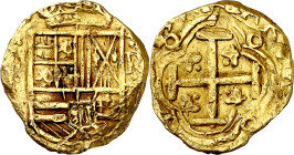 Felipe IV. Santa Fe de Nuevo Reino. 2 escudos. (AC. tipo 386). Fecha no visible. Golpes. 6,69 g. (MBC).