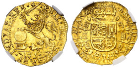 1654. Felipe IV. Brujas. 1 soberano (león de oro). (Vti. 1470) (Vanhoudt 638.BG). En cápsula de la NGC como MS62, nº 4842624-009. Bella. Gran parte de...