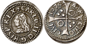1674. Carlos II. Barcelona. 1 croat. (AC. 198). D invertida. Con punto entre HISP y REX. Ex Áureo 16/12/2004, nº 662. 2,26 g. MBC+.