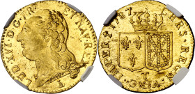 Francia. 1787. Luis XVI. T (Nantes). 1 luis de oro. (Fr. 475) (Kr. 591.14). En cápsula de la NGC como MS62, nº 4344962-007. Bella. Rara. AU. EBC+.