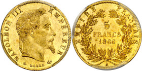 Francia. 1866. Napoleón III. A (París). 5 francos. (Fr. 588) (Kr. 803.1). En cápsula de la PCGS como MS63, nº 156690.63/84315503. Bella. Brillo origin...