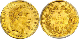 Francia. 1866. Napoleón III. A (París). 5 francos. (Fr. 588) (Kr. 803.1). En cápsula de la PCGS como MS64, nº 156690.64/84315496. Bella. Brillo origin...