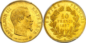 Francia. 1857. Napoleón III. A (París). 10 francos. (Fr. 576a) (Kr. 784.3). En cápsula de la PCGS como MS63, nº 168561.63/84315593. Bella. Brillo orig...