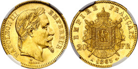 Francia. 1865. Napoleón III. A (París). 20 francos. (Fr. 584) (Kr. 801.1). En cápsula de la NGC como MS63, nº 4465006-002. Bella. Brillo original. Esc...