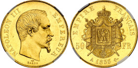 Francia. 1855. Napoleón III. A (París). 50 francos. (Fr. 571) (Kr. 785.1). En cápsula de la NGC como MS62, nº 3393244-003. Bella. Brillo original. Esc...