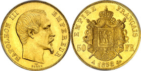 Francia. 1858. Napoleón III. A (París). 50 francos. (Fr. 571) (Kr. 785.1). En cápsula de la PCGS como MS63, nº 158044.63/43646346. Leves rayitas. Bell...