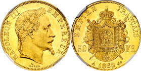 Francia. 1862. Napoleón III. A (París). 50 francos. (Fr. 582) (Kr. 804.1). En cápsula de la NGC como MS62, nº 4439678-001. Bella. Brillo original. Esc...
