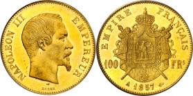 Francia. 1857. Napoleón III. A (París). 100 francos. (Fr. 569) (Kr. 786.1). En cápsula de la PCGS como MS62, nº 158133.62/3606115. Bella. Brillo origi...