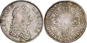 Gran Bretaña. 1662. Carlos II. 1 corona. (Kr. 417.2). Sin fecha en el canto. Rara. AG. 29,58 g. MBC-.