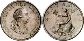 Gran Bretaña. 1799. Jorge III. 1/2 penique. (Kr. 647). Bella. Escasa así. CU. 12,26 g. EBC+.