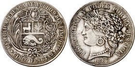 Perú. 1882. Ayacucho. LM. 5 pesetas. (Kr. 201.3). Golpecitos. Rara. AG. 24,99 g. MBC-.