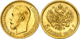 Rusia. 1903. Nicolás II. San Petersburgo. AP. 5 rublos. (Fr. 180) (Kr. 62). AU. 4,30 g. MBC+/EBC-.
