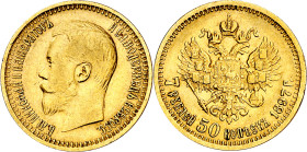 Rusia. 1897. Nicolás II. 7 1/2 rublos. (Fr. 178) (Kr. 63). Leves golpecitos. AU. 6,41 g. MBC/MBC+.