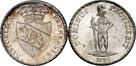 Suiza. Berna. 1795. 1 taler. (Kr. 149). Caballero con dos plumas en el sombrero. Muy bella. AG. 29,37 g. EBC+.