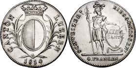 Suiza. Lucerna. 1814. 4 francos. (Kr. 109). Limpiada. Rara. AG. 29,33 g. EBC-.