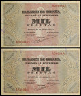 1938. Burgos. 1000 pesetas. (Ed. D35) (Ed. 434). 20 de mayo. Pareja correlativa. Levísimo doblez, pero extraordinarios ejemplares con todo el apresto....
