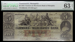 Estados Unidos. Menphis, Tennessee. 1854. Farmers & Merchants`Bank. 5 dólares. 1 de junio. Certificado por la PMG, como Choice Uncirculated 63 NET. Ra...
