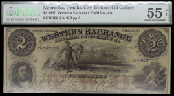 Estados Unidos. Ciudad de Omaha, Nebraska. 1857. Western exchange Fire & Marine Insurance Cº. 2 dólares. 2 de noviembre. Certificado por la PMG como A...