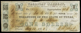 Estados Unidos. Texas. 1864. Treasury Warrant. 1 dólar. 12 de agosto, Servicio Social. Tintas oxidadas. Raro. EBC.
