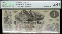 Estados Unidos. Vermont, Jamaica. 18... The West River Bank. 1 dólar. 1 de julio. Sin Numerar, ni firmar. Certificado por la PMG como Remainder Choice...