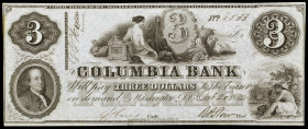 Estados Unidos. Washington DC. 1852. Columbia Bank. 3 dólares. (HT.DC-195-64). 20 de octubre, Franklin. Una charnela en reverso. Raro. EBC+.