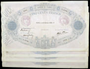 Francia. 1938 y 1939. Banco de Francia. 500 francos. (Pick 88c). 4 billetes, todos con fechas distintas. Firmas: H. de Bletterie, P. Rousseau y R. Fav...