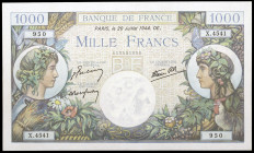 Francia. 1944. Banco de Francia. 1000 francos. (Pick. 96c). 20 de julio. Firmas: J. Belin, P. Rousseau y R. Favre-Gilly. Escaso así. EBC+.