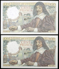 Francia. 1944. Banco de Francia. 100 francos. (Pick 101a). 12 de octubre, Descartes. 2 billetes. Escasos. EBC.