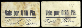 Confrides (Alicante). 25 céntimos y 1 peseta. (T. 602 y 603) (KG. 285a) (RGH. 2016 y 2017). 2 cartones, todos los de la localidad. Firma Vicente Llore...