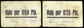 Confrides (Alicante). 25 céntimos y 1 peseta. (T. 602a y 603a) (KG. 285b) (RGH. 2016a y 2017a). 2 cartones, todos los de la localidad. Firma Luis Fust...