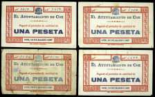 Cox (Alicante). Ayuntamiento. 1 peseta (cuatro). (T. 617, 617a, 617b, mismo ejemplar y 617b var) (KG. falta valor) (RGH. 2077, 2077a y 2077b). 4 bille...