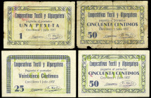 Crevillente (Alicante). Cooperativa Téxtil y Alpargatera. 25, 50 céntimos (dos) y 1 peseta. (T. 622 a 624) (KG. 296) (RGH. 2087 a 2089). 4 billetes, u...