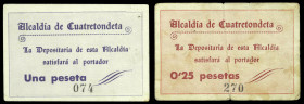 Cuatretondeta (Alicante). Alcaldía. 25 céntimos y 1 peseta. (T. 635, mismo ejemplar y 636) (KG. 298 y falta) (RGH. 2112 y 2113). 2 cartones, todos los...