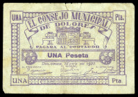 Dolores (Alicante). Consejo Municipal. 1 peseta. (T. 701) (KG. falta) (RGH. 2231). Raro. BC.