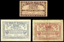 Dolores (Alicante). Consejo Municipal. 25 y 50 céntimos (dos). (T. 702, 703 y 705) (KG. 319) (RGH. 2229, 2230 y 2233). 3 billetes. Raros. BC/MBC+.
