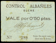 Elche (Alicante). Control Obrero Albañiles U.G.T.-C.N.T. 50 céntimos. (Inédito). Cartón nº 289. Muy raro. MBC+.