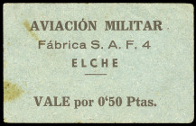Elche (Alicante). Aviación Militar. Fábrica S.A.F.4. Dirección. 50 céntimos. (Inédito). Cartón. Muy raro. MBC+.