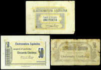 Elche (Alicante). Electromotora Equitativa. 50 céntimos (dos) y 1 peseta. (T. faltan) (KG. 323d) (RGH. 2273, 2274 y falta). 3 billetes. Muy raros. BC-...