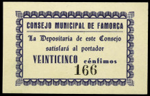 Famorca (Alicante). Consejo Municipal. 25 céntimos. (T. 744b) (KG. 343) (RGH. 2402). Nº 166. Muy raro. EBC+.